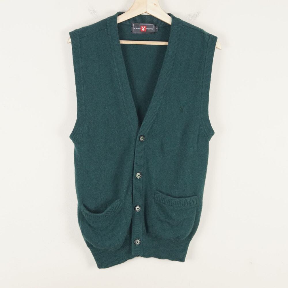 Vintage Green Lambwool Wool Playboy Button Cardigan Vest Mens Sz M